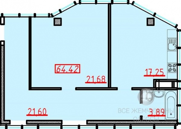 Планировки однокомнатных квартир 64.42 м^2